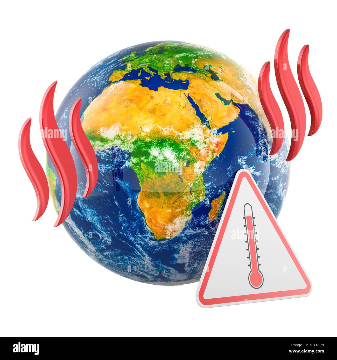 Pianeta del riscaldamento globale, concetto. Globo di terra con onde di calore e segnale di avvertenza termometro. Rendering 3D isolato su sfondo bianco Foto Stock