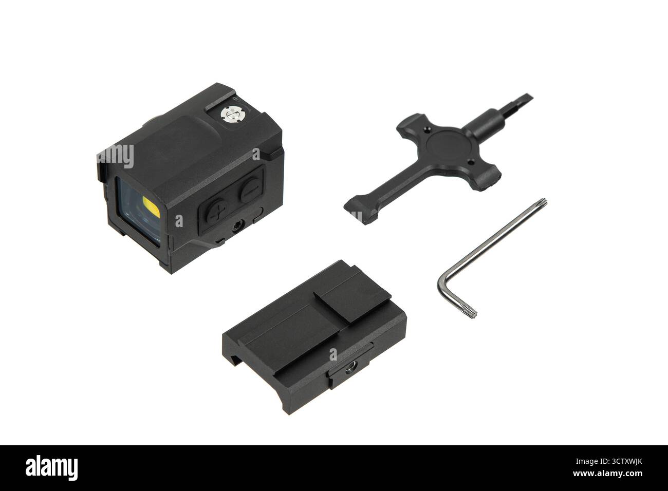 Kit di visione reflex nero con supporto per montante e due strumenti di regolazione, isolato su bianco. Foto Stock