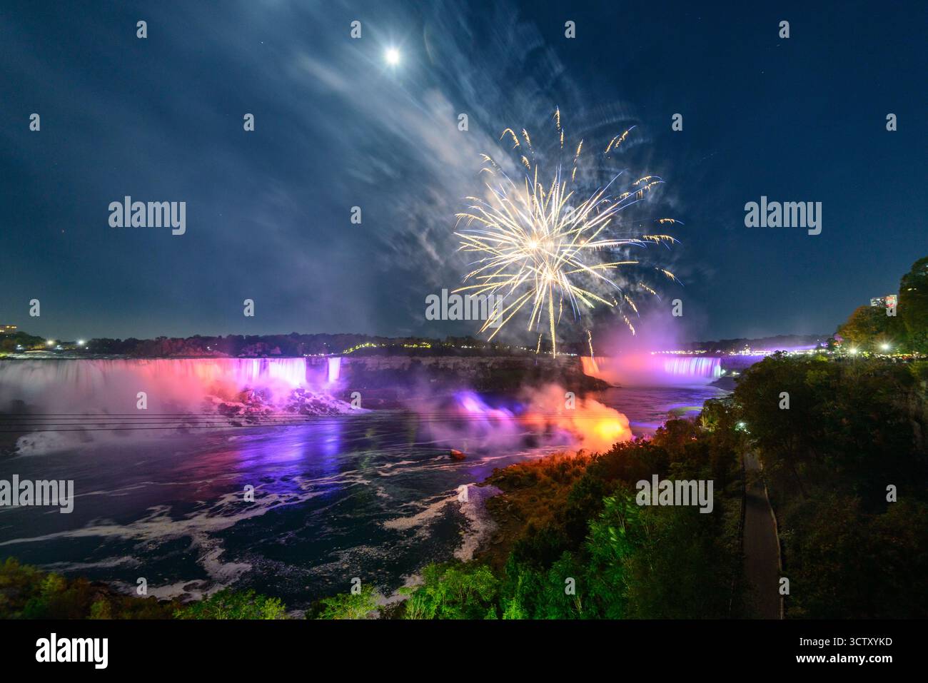 Una spettacolare vista notturna delle Cascate del Niagara, con le Canadian Horseshoe Falls e le American Falls illuminate da vibranti fuochi d'artificio. Foto Stock