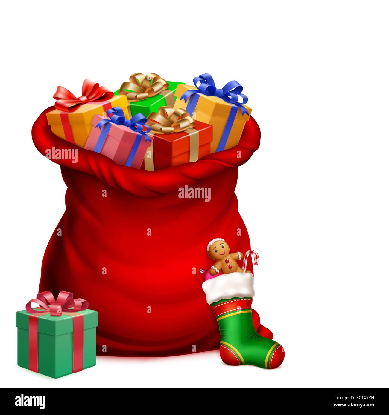 Un vivace sacco rosso illustrato digitalmente pieno di regali colorati, accompagnato da una calza verde di Natale su sfondo bianco. Illustrazione Vettoriale