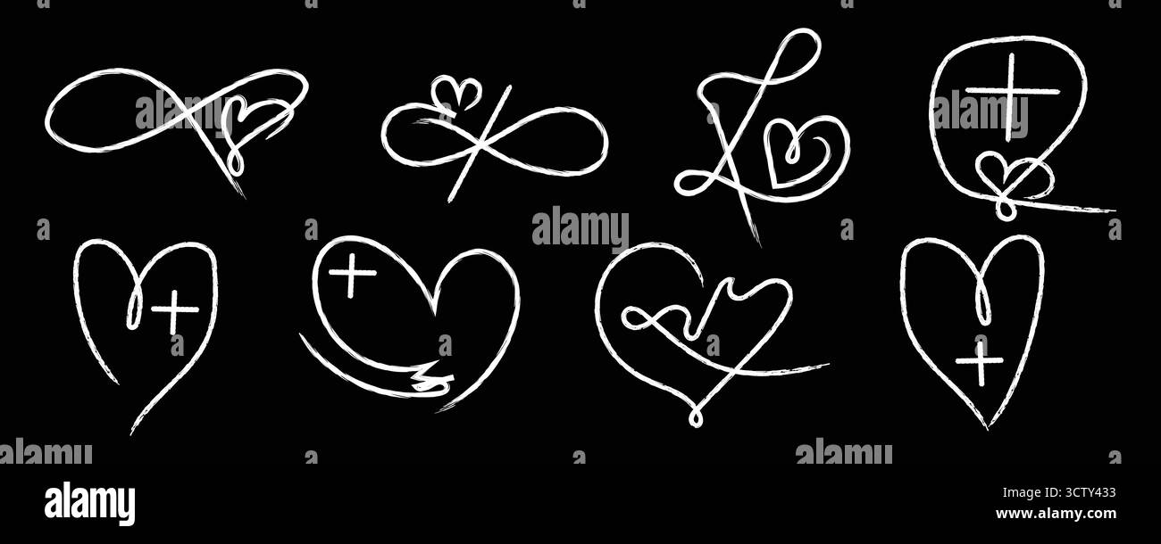 Simboli dell'amore Doodles su sfondo nero cuori, segni dell'Infinito e croci. Illustrazione Vettoriale