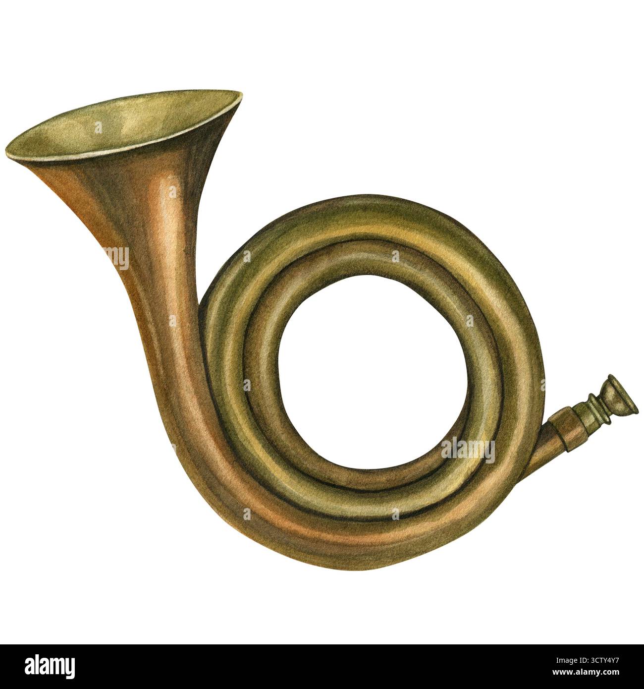 Illustrazione ad acquerello di un corno da caccia medievale. Isolato su sfondo bianco, disegnato a mano Foto Stock