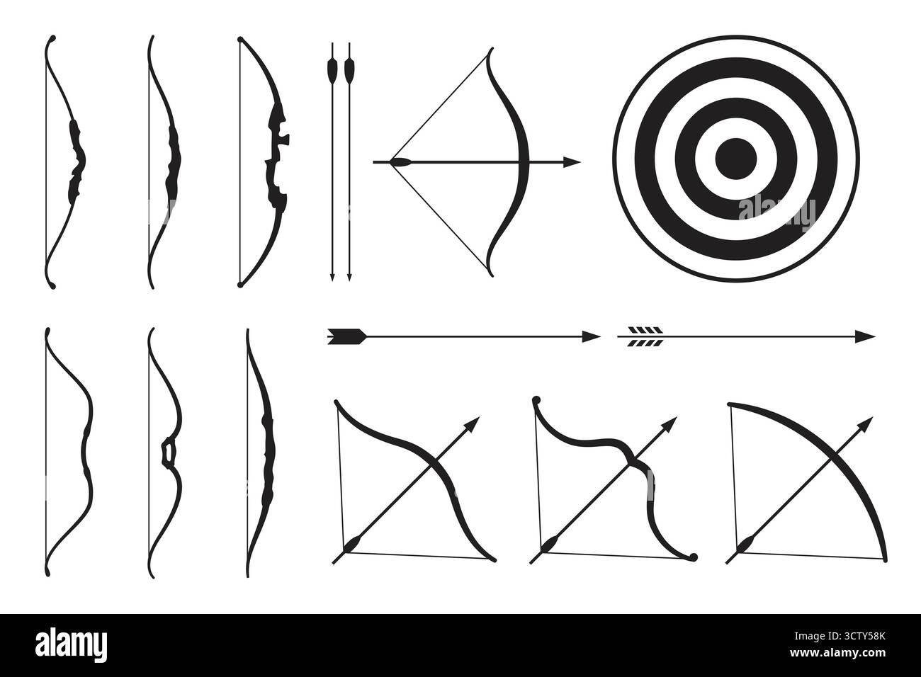 Varie illustrazioni in bianco e nero raffigurano diversi tipi di archi, frecce e un bersaglio circolare concentrico, che rappresenta gli sport di tiro con l'arco e le attrezzature Illustrazione Vettoriale