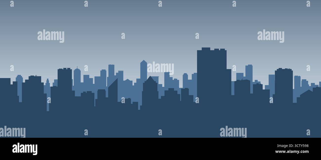 Illustrazione minimalista di uno skyline urbano in sfumature di blu con sfondo cielo sfumato, perfetta per design moderni Illustrazione Vettoriale