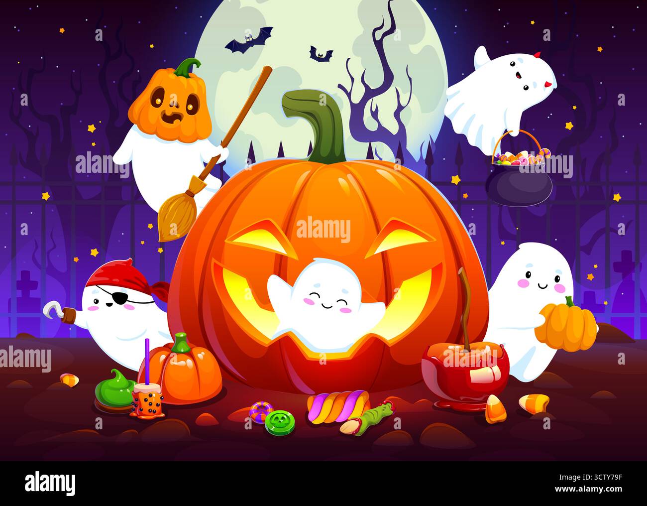 Fantasmi di Halloween cartoni animati con zucche e dolci Illustrazione Vettoriale