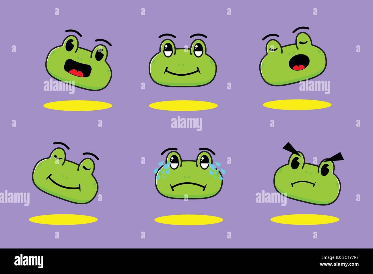 Divertente design dei personaggi delle rane dei cartoni animati con varie espressioni. Ideale per contenuti per bambini, fumetti e progetti animati Illustrazione Vettoriale