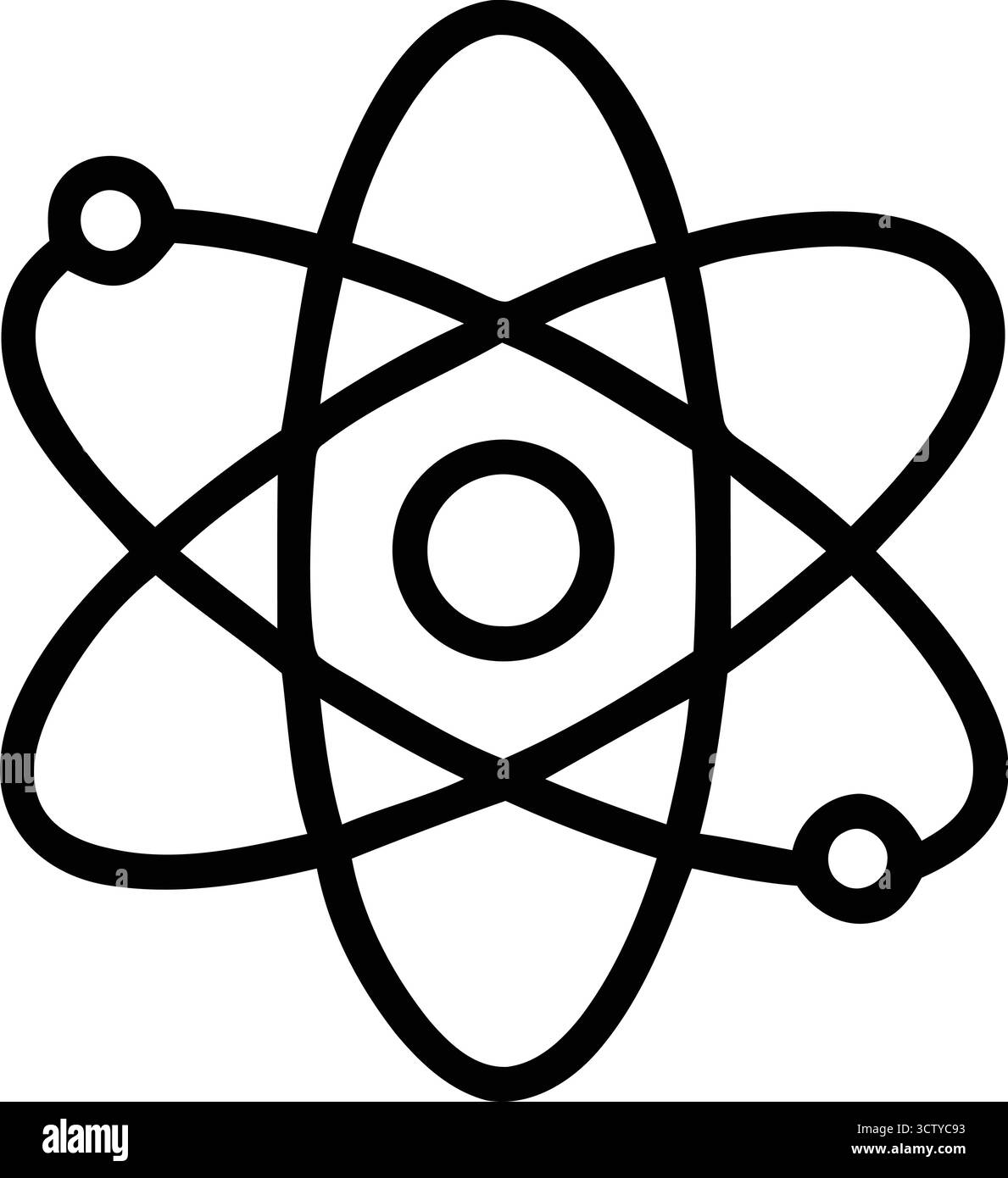 Una rappresentazione stilizzata di un atomo, caratterizzato da un nucleo centrale e da elettroni in orbita, che simboleggiano i principi scientifici e i fondamentali buildi Illustrazione Vettoriale