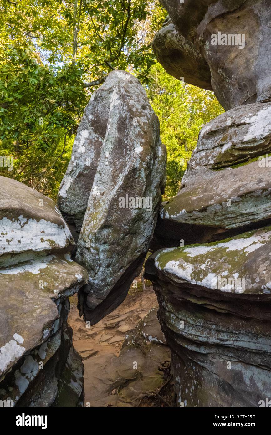 Roccia incuneata lungo l'Observation Trail al Garden of the Gods, nella Shawnee National Forest dell'Illinois meridionale. (USA) Foto Stock