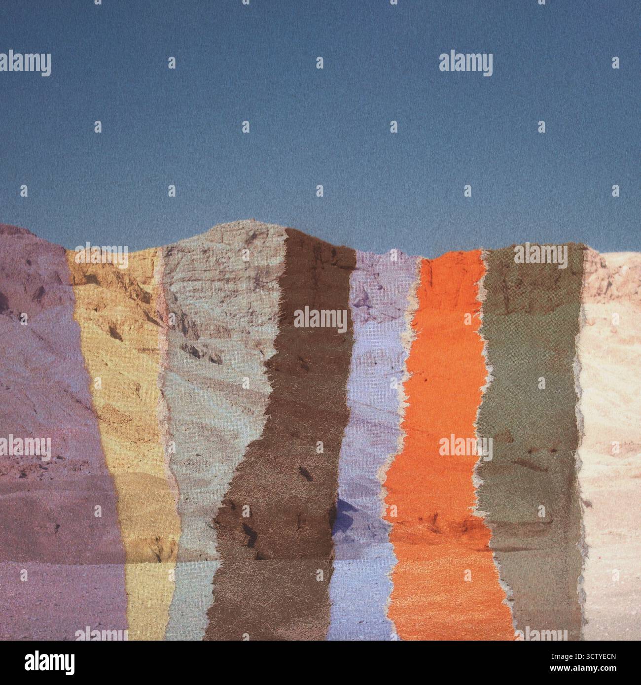Concetto di natura e risorse grafiche. Illustrazione astratta di collage di montagne colorate fatte di pezzi di carta strappati e cielo blu con spazio di copia. Grun Foto Stock