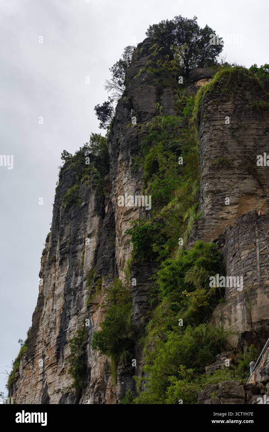Torreggianti formazioni rocciose drappeggiate da lussureggianti piante verdi si innalzano verso il cielo nella città cinese di Yichang. Foto Stock