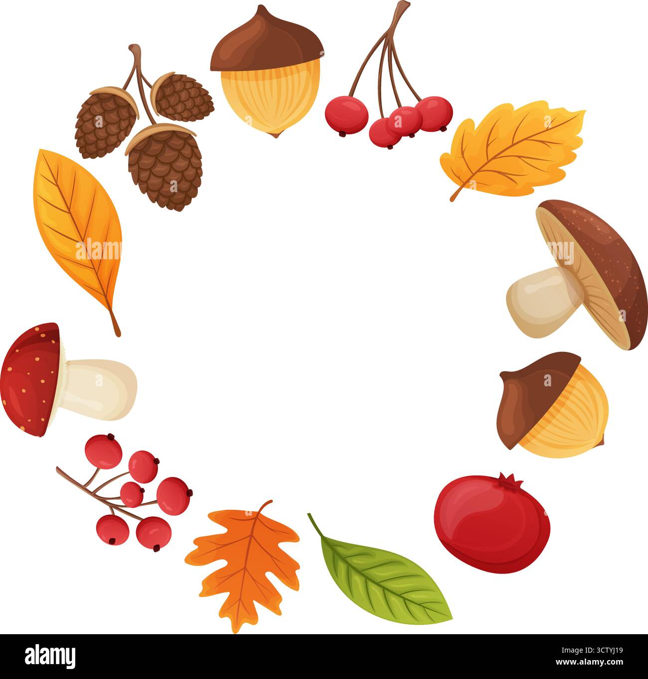 Corona autunnale di funghi, foglie, ghiande, bacche e frutta, stagione autunnale Illustrazione Vettoriale