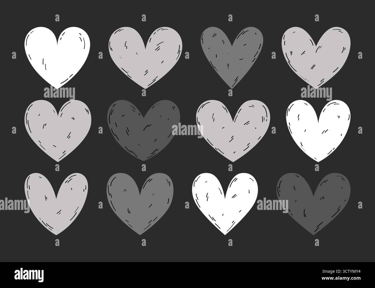Set vintage di cuori di cartoni animati di forme diverse. Graziose illustrazioni in tonalità di grigio e bianco, accompagnate da contorni grafici. Decorazioni disegnate a mano. Foto Stock
