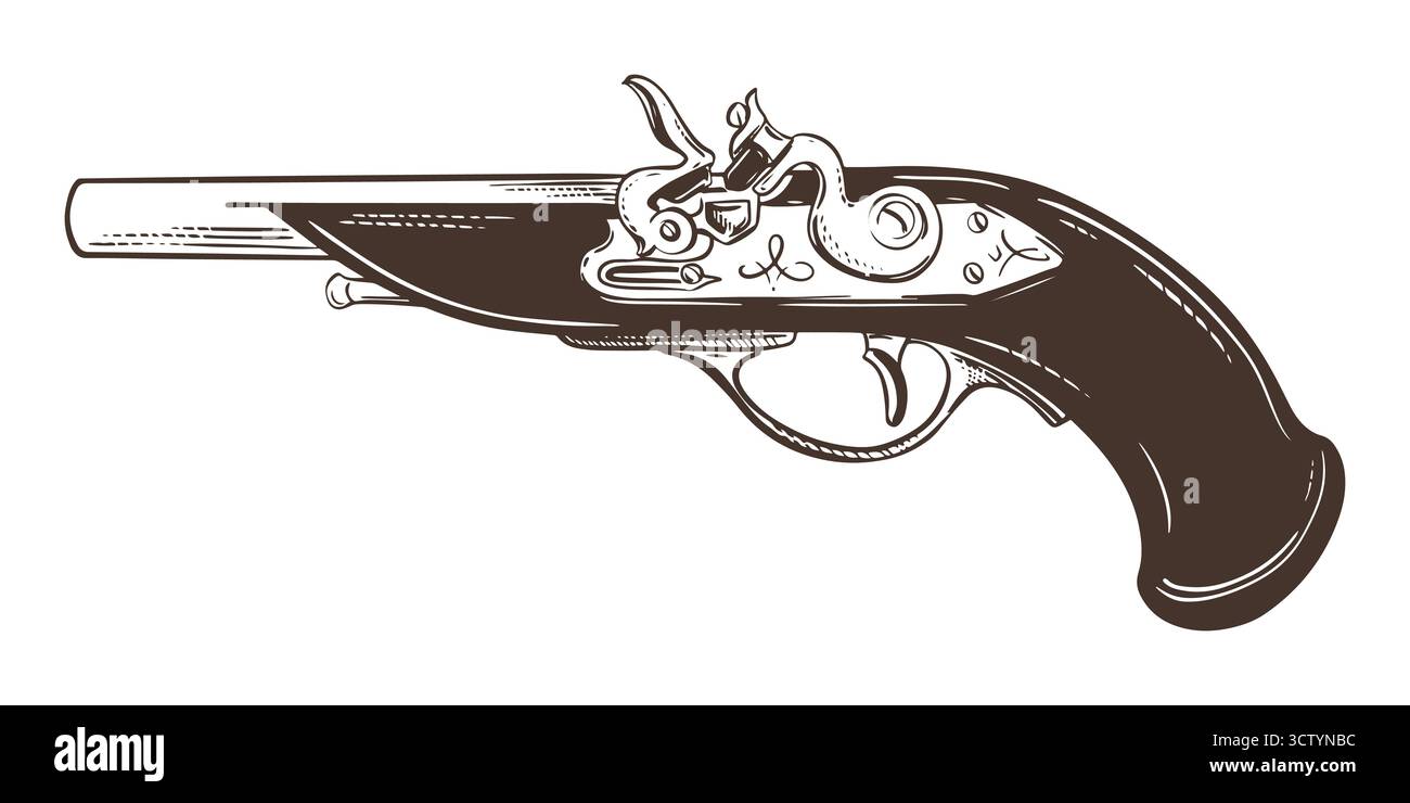 Antico moschetto con manico in legno. Schizzo del fucile Flintlock. Arma di pirati e filibusti. Schizzo disegnato a mano, illustrazione vettoriale vintage. Pistola duello. Imitazione della tecnica di incisione. Illustrazione Vettoriale