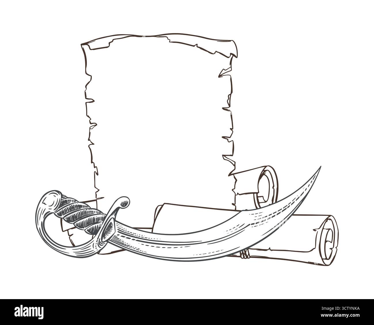 Schizzo vettoriale del vecchio foglio di carta e dei rotoli arrotolati verso l'alto. Arma dei pirati Sabre. Modello vuoto per il testo, obbligatorio. Disegno lineare a inchiostro di spada araba e Corsair. Imitazione dell'incisione. Illustrazione Vettoriale