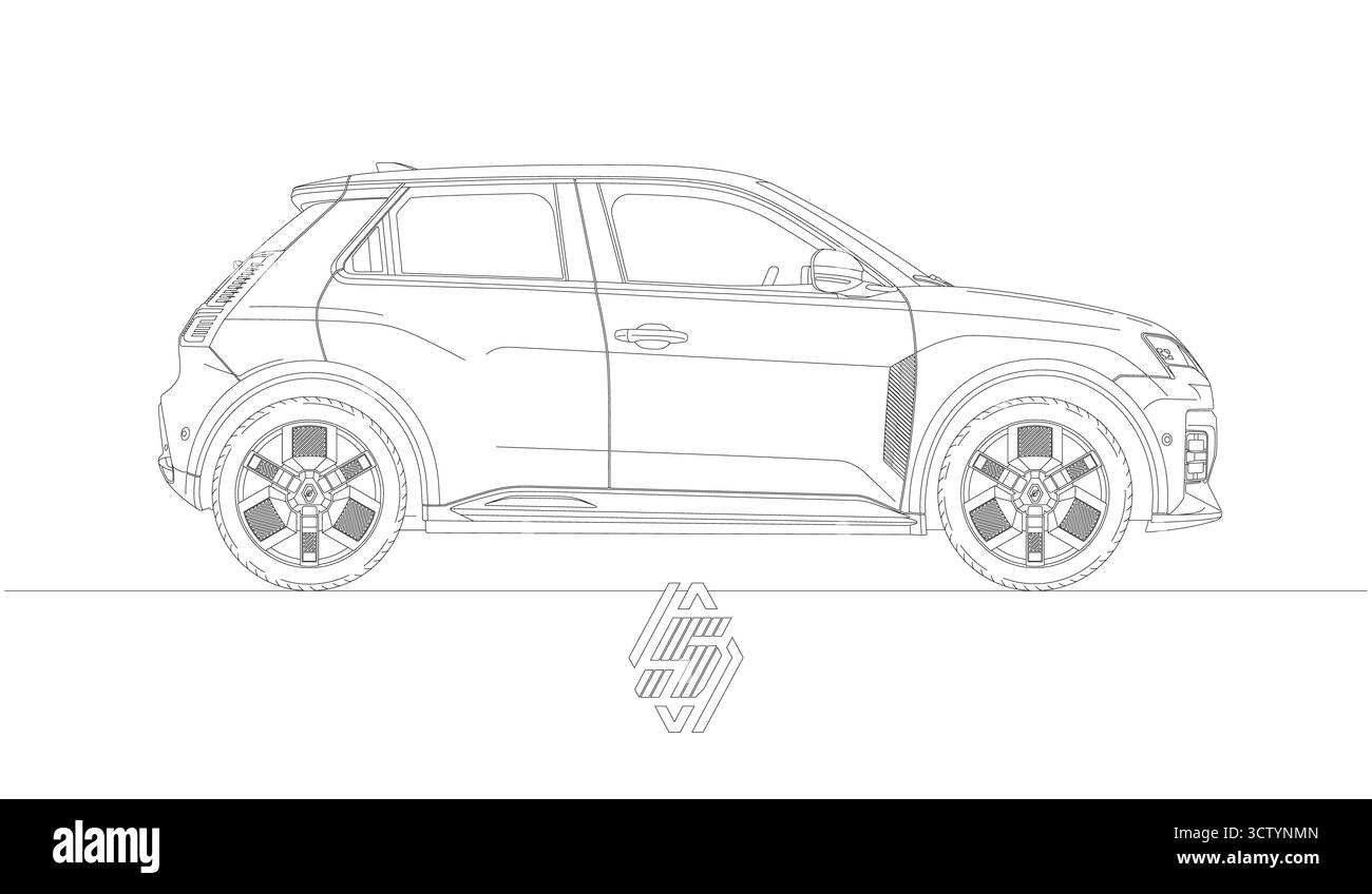 Febbraio 2024, Francia, presentazione del nuovo modello Renault 5 e-Tech Electric, disegno in bianco e nero su sfondo bianco, illustrazione vettoriale Foto Stock