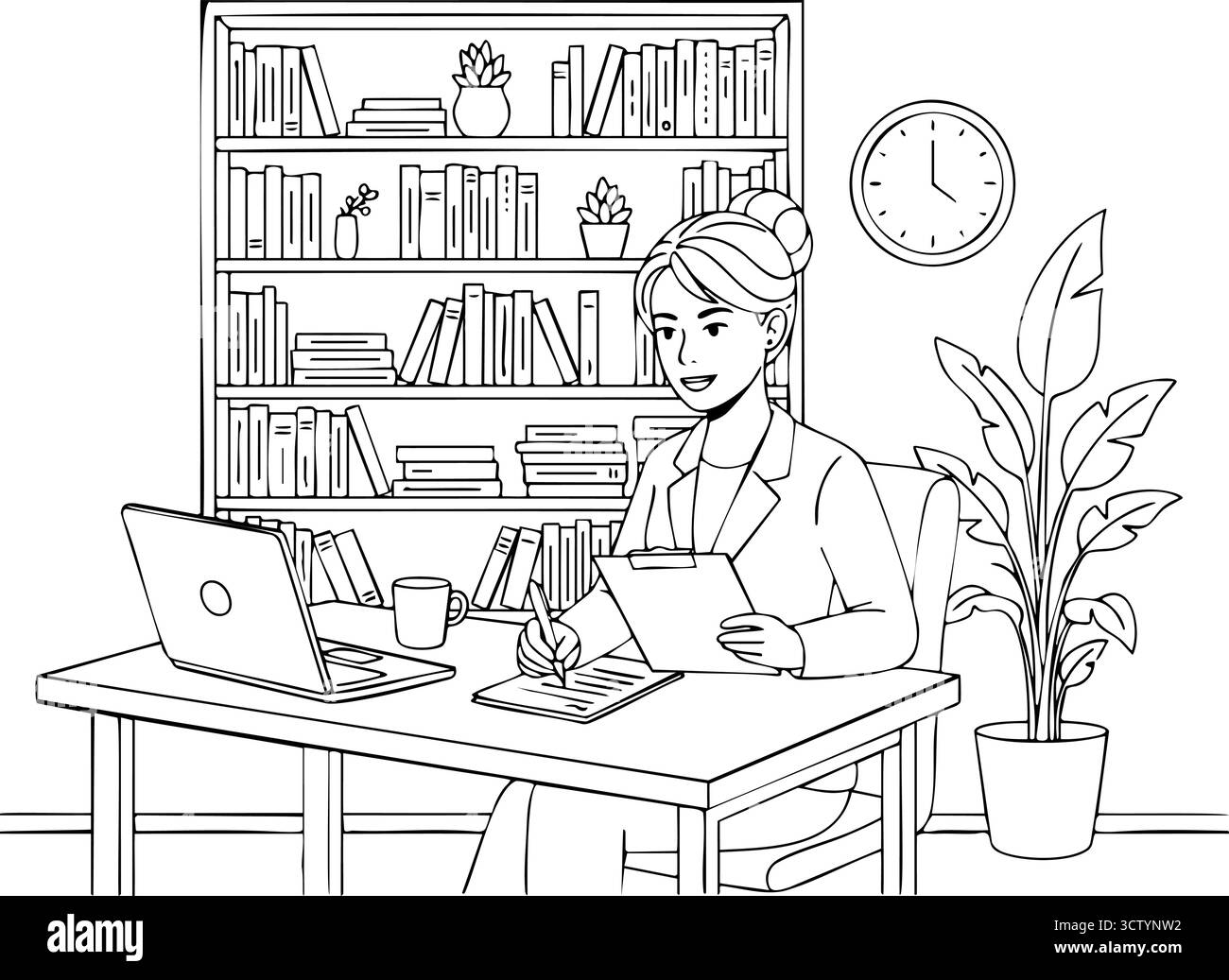 Donna che lavora alla scrivania con laptop e appunti in ufficio Illustrazione Vettoriale