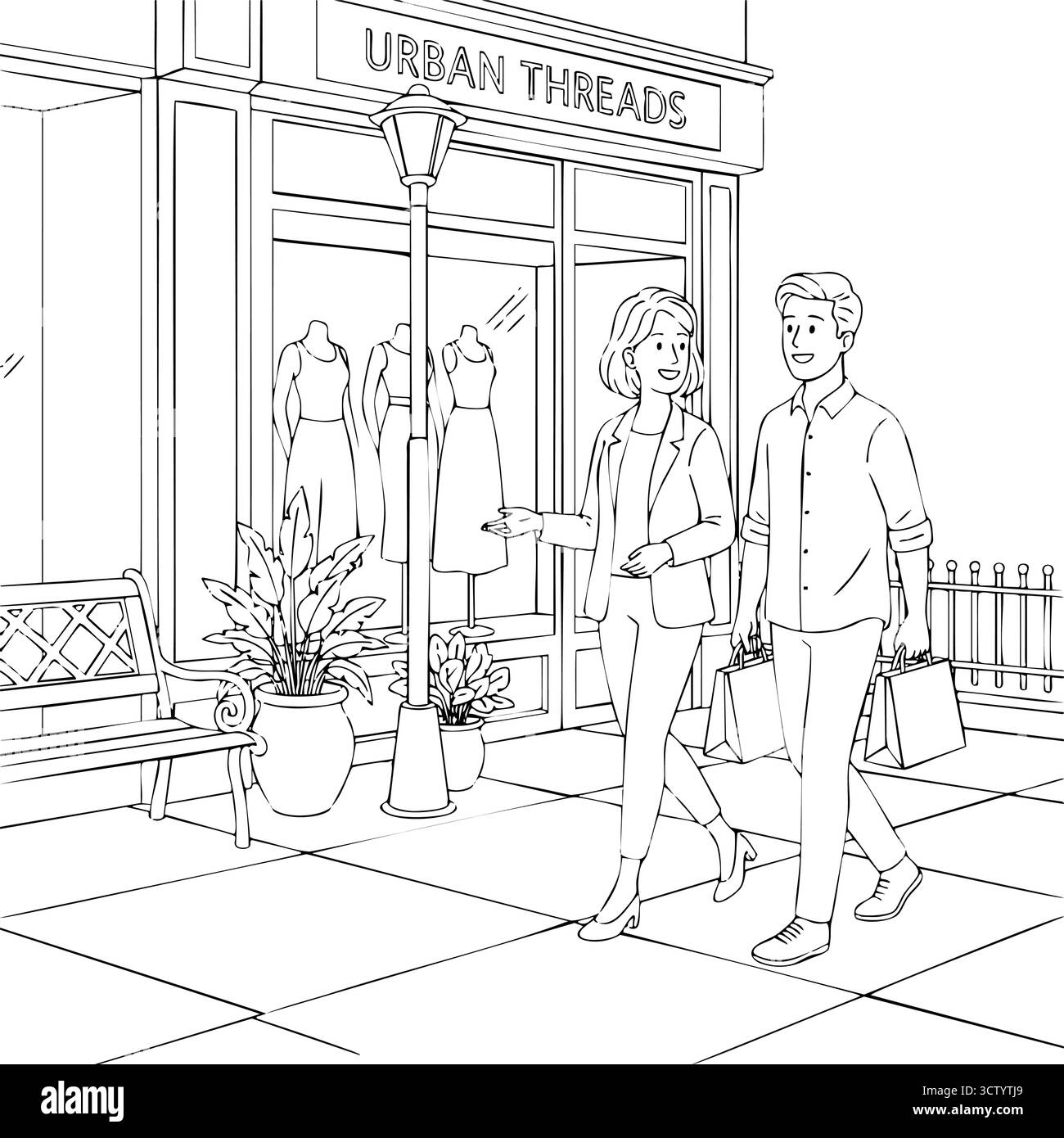 Una coppia che cammina con le borse dello shopping sulla strada della città Illustrazione Vettoriale