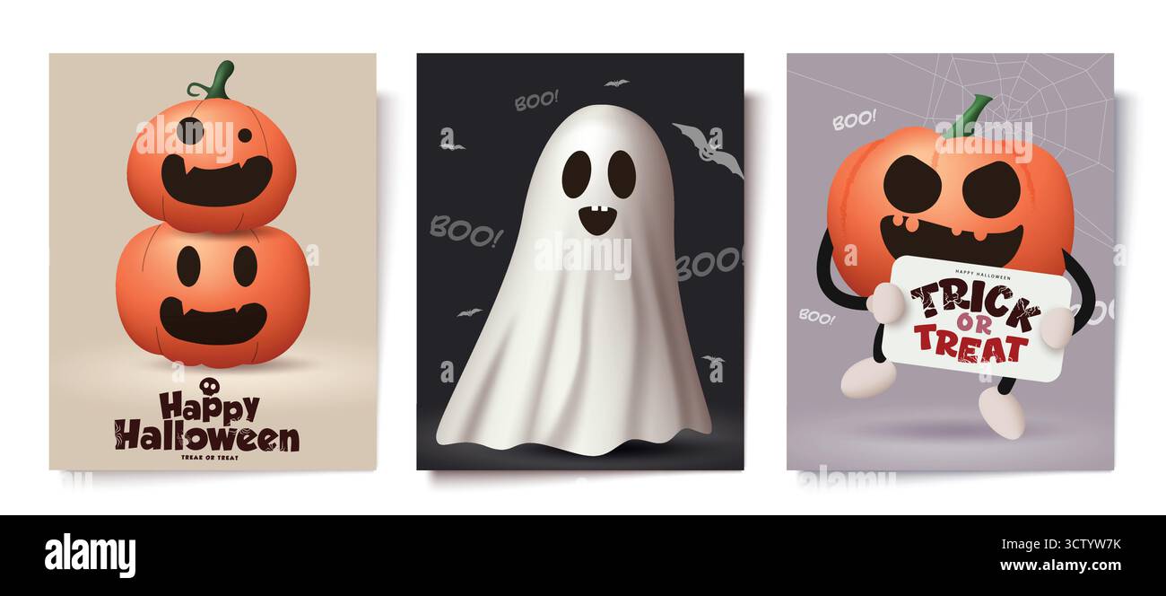 Happy Halloween Ghost and Pumpkin Characters Clipart Vector Illustration for Holiday Cards Illustrazione Vettoriale
