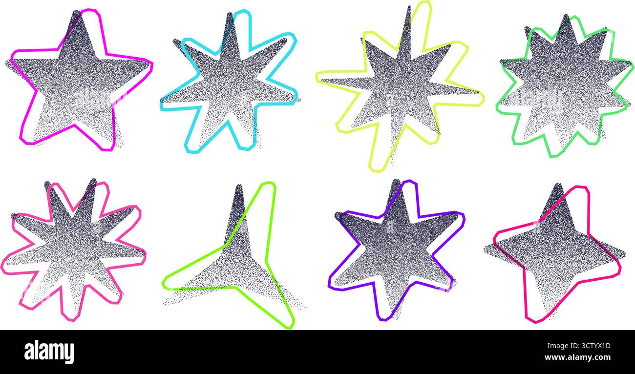 Set di illustrazioni vettoriali collage trendy con sfumature in stile y2k a forma di stella a grana. Illustrazione Vettoriale