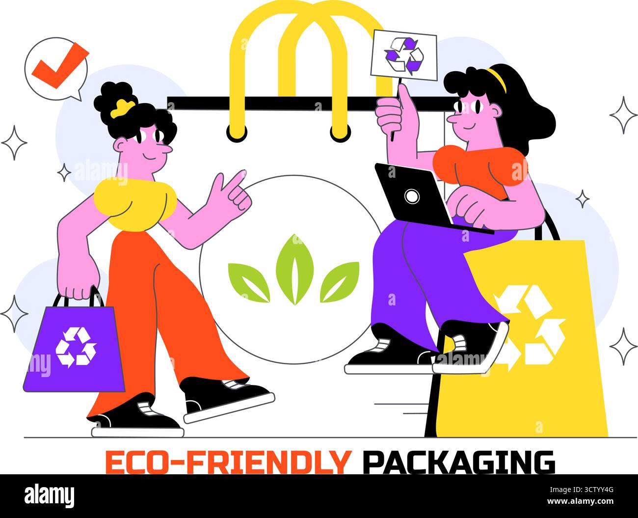 Illustrazione vettoriale di progettazione di imballaggi ecologici con confezione di carta da asporto sostenibile con materiali biodegradabili e botanici Illustrazione Vettoriale