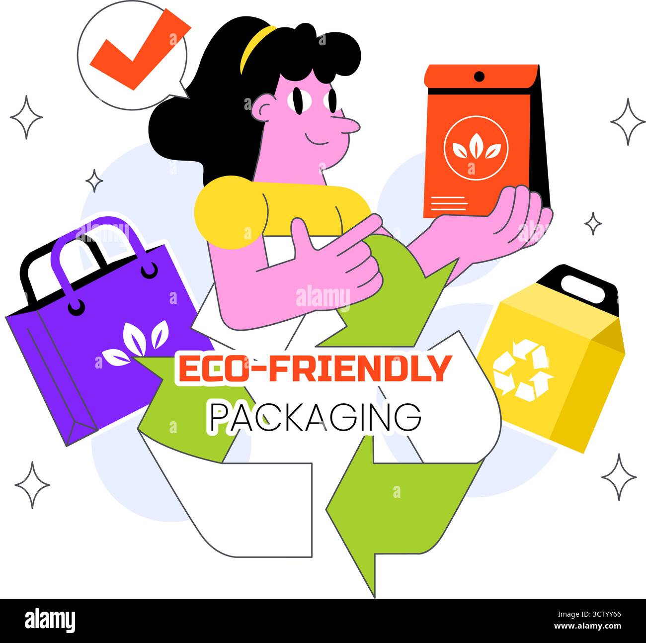 Illustrazione vettoriale di progettazione di imballaggi ecologici con confezione di carta da asporto sostenibile con materiali biodegradabili e botanici Illustrazione Vettoriale