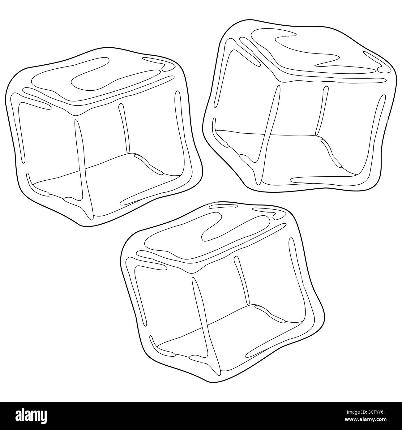 Cubetti di ghiaccio su sfondo bianco. Bere freddo cubetti di ghiaccio fuso per le bevande. Pagina da colorare in bianco e nero. Foto Stock