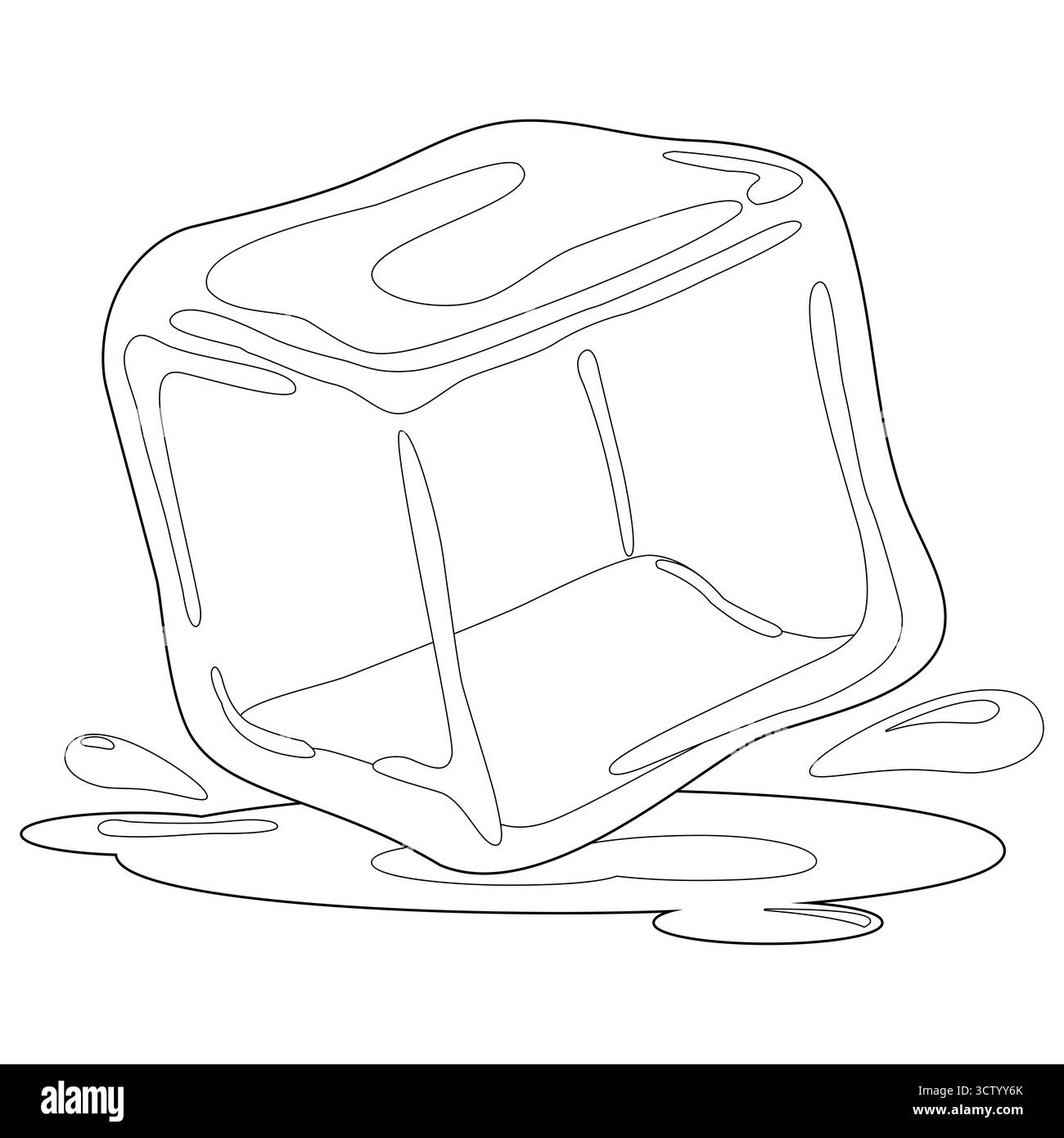 Fusione del cubetto di ghiaccio su sfondo bianco. Cubetto di ghiaccio per bevande fredde. Pagina da colorare in bianco e nero. Foto Stock