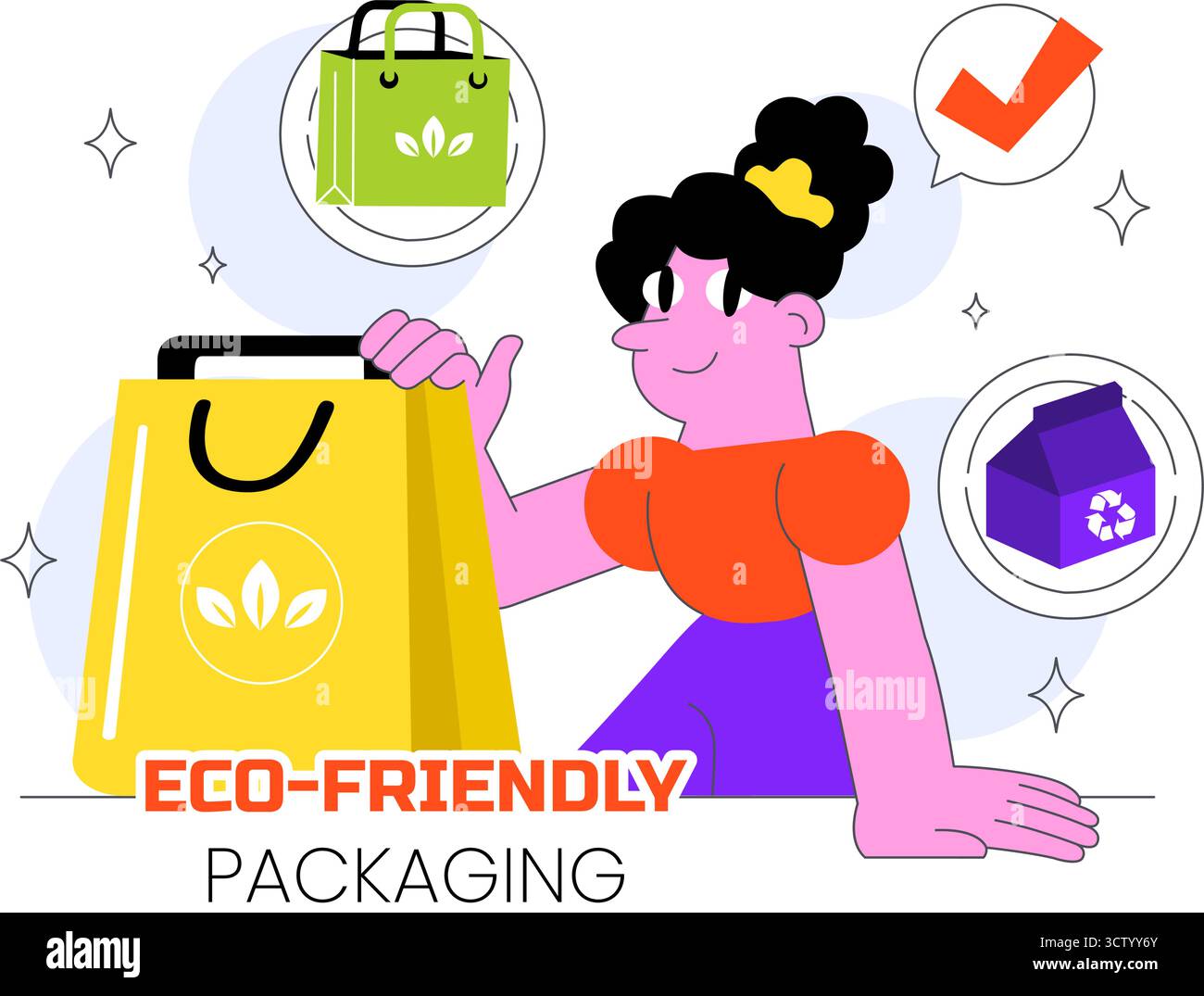 Illustrazione vettoriale di progettazione di imballaggi ecologici con confezione di carta da asporto sostenibile con materiali biodegradabili e botanici Illustrazione Vettoriale