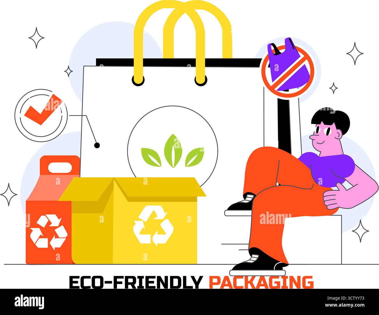 Illustrazione vettoriale di progettazione di imballaggi ecologici con confezione di carta da asporto sostenibile con materiali biodegradabili e botanici Illustrazione Vettoriale