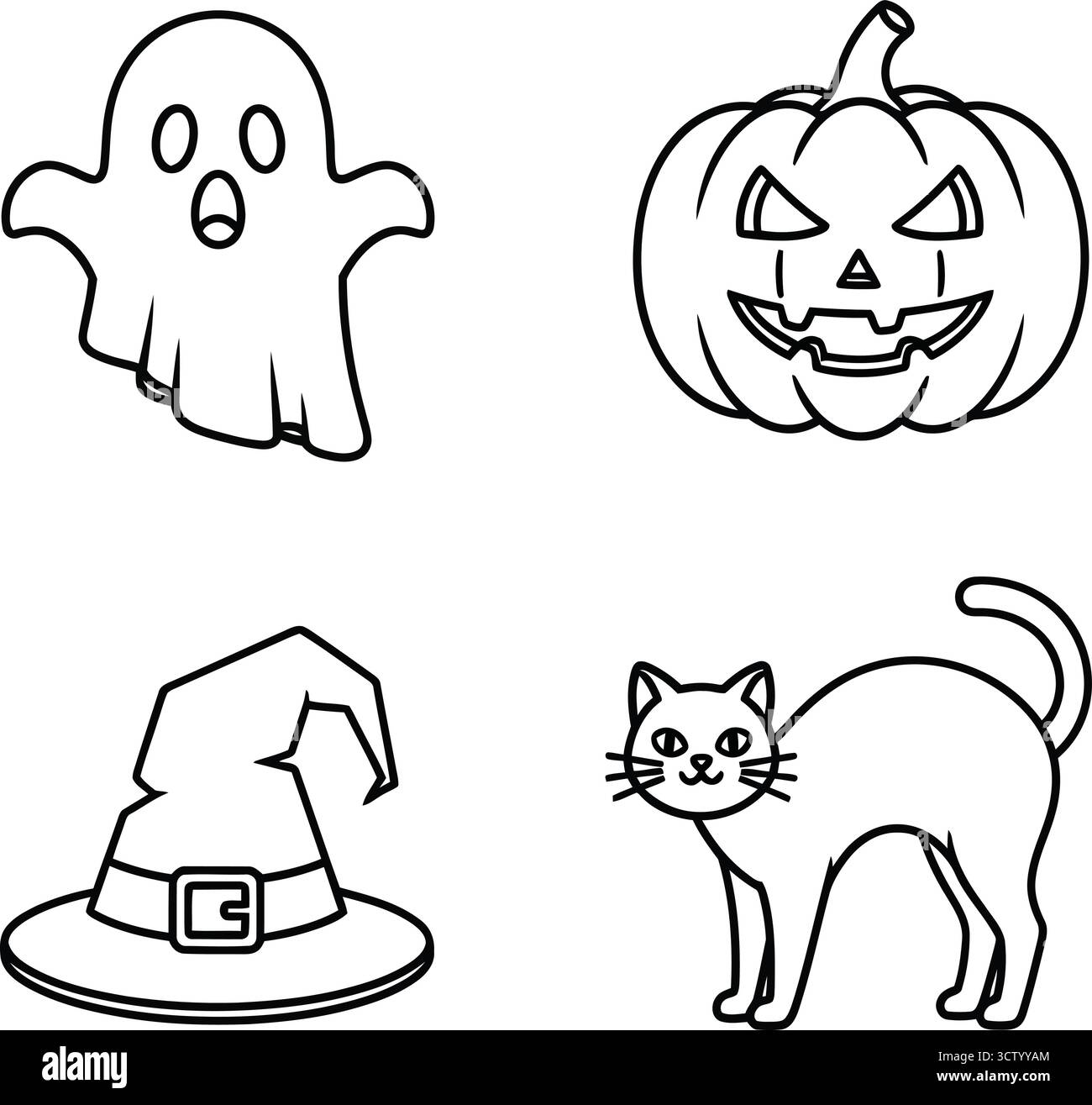Set di icone di Halloween con fantasma, zucca, cappello da strega e gatto in stile Illustrazione Vettoriale