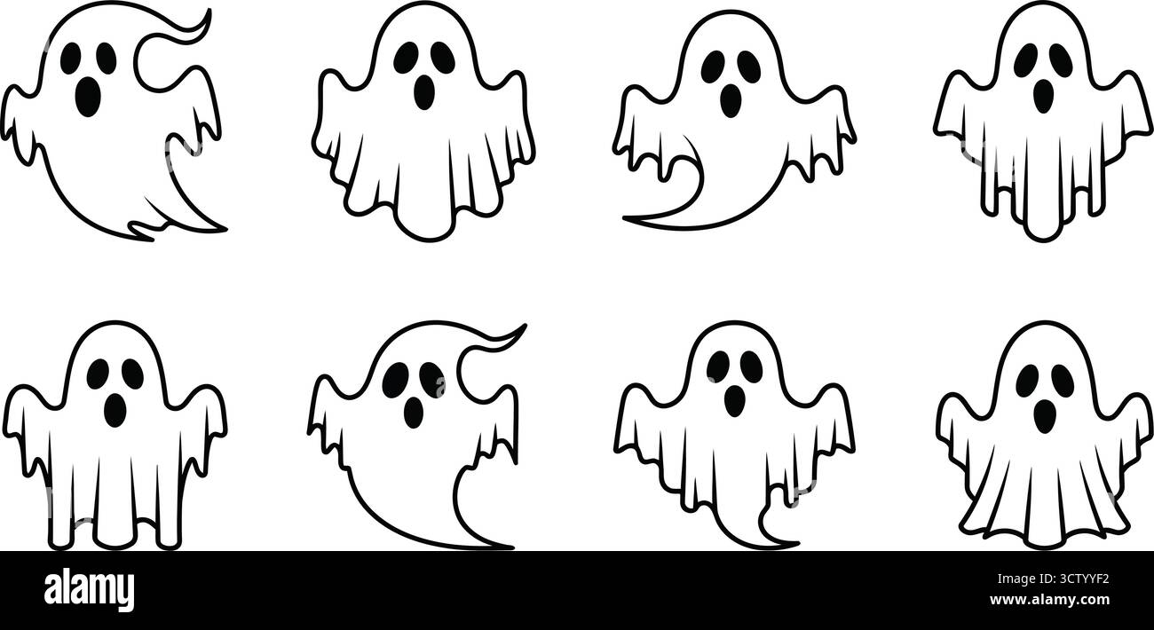Collezione di simpatici fantasmi, perfetta per decorazioni di halloween, inviti e disegni a tema spettrale Illustrazione Vettoriale