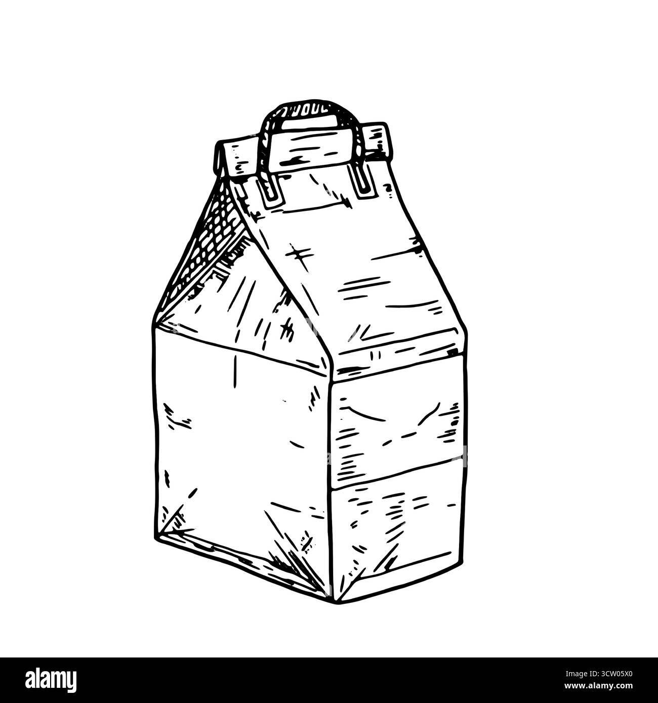 Sacchetto di carta con manici, schizzo. Illustrazione vettoriale. Confezionamento per la conservazione di alimenti, alimenti in scatola e dolci, isolato su sfondo bianco. Cibo e cuis Illustrazione Vettoriale