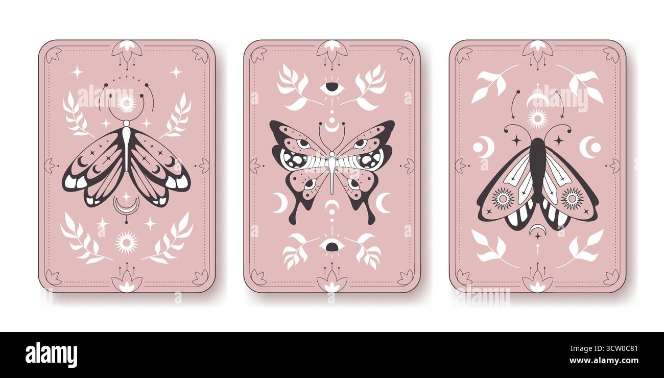 Boho poster mistici con motivi a farfalla su rosa bg: Simboli celesti, lune e stelle, foglie e motivi geometrici. L'estetica della carta dei tarocchi spirituali per il branding del benessere o della meditazione. Illustrazione Vettoriale