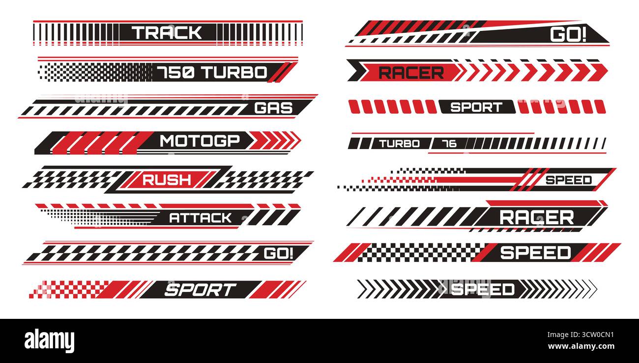 Decalcomanie a strisce da corsa con adesivi per motociclisti per la personalizzazione del veicolo: Motivi dinamici, bandiere a scacchi e grafica audace. Design a tema sportivo con frecce per decorazioni automobilistiche o motociclistiche. Illustrazione Vettoriale Decalcomanie a strisce da corsa con adesivi per motociclisti per la personalizzazione del veicolo: Motivi dinamici, bandiere a scacchi e grafica audace. Design a tema sportivo con frecce per decorazioni automobilistiche o motociclistiche. Illustrazione Vettoriale