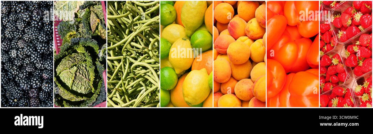 Collage fotografico arcobaleno colorato frutta e verdura, cibo vegano sano e intestazione nutrizionale Foto Stock