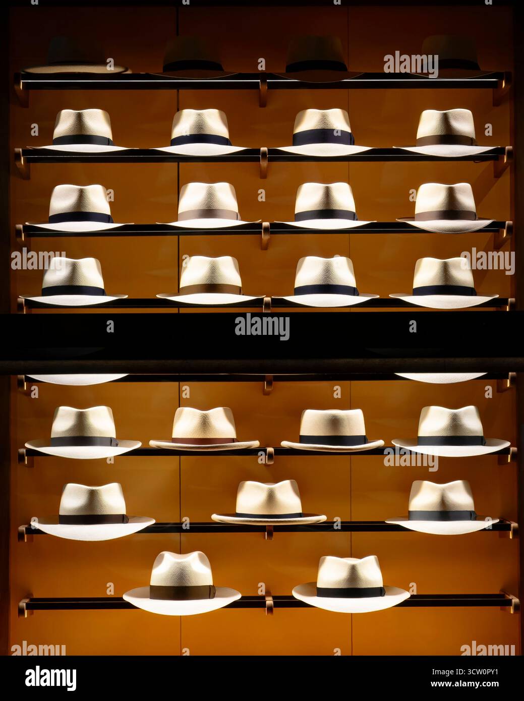 Una mostra di cappelli nel negozio Optimo Hatmakers nel Monadnock Building di Chicago. Foto Stock