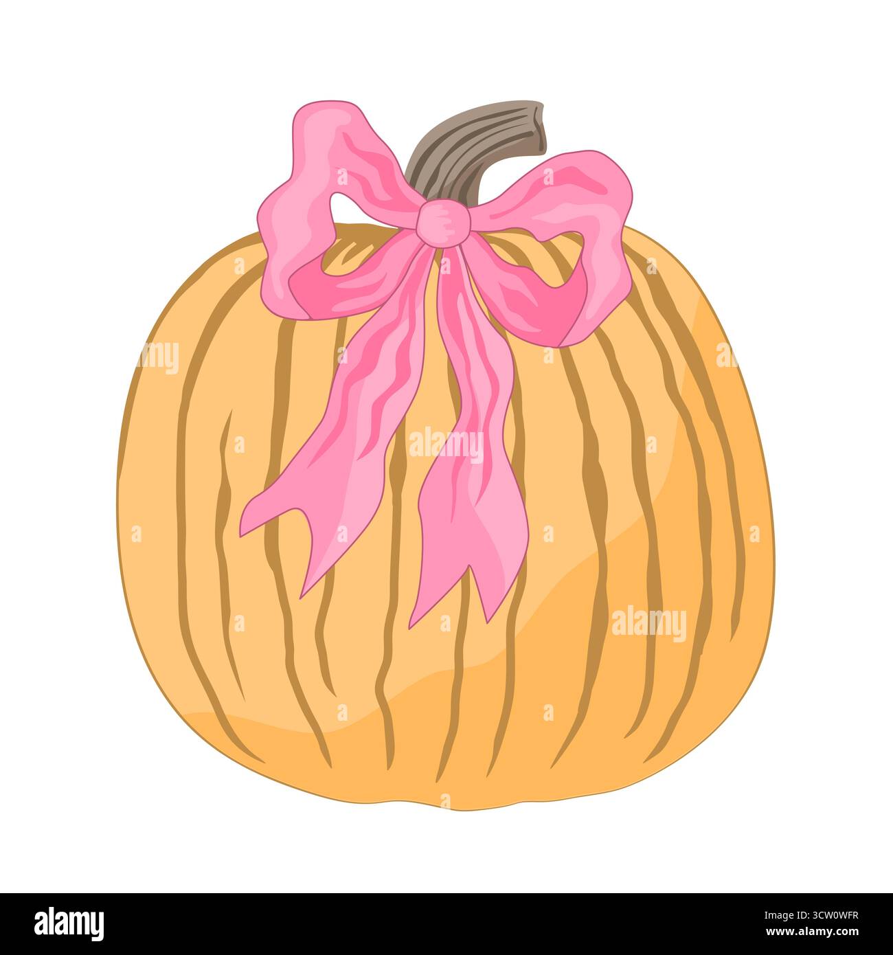 Affascinante zucca autunnale con fiocco rosa legato. Il concetto di un Ringraziamento autunnale o Halloween. Illustrazione isolata vettoriale. Illustrazione Vettoriale