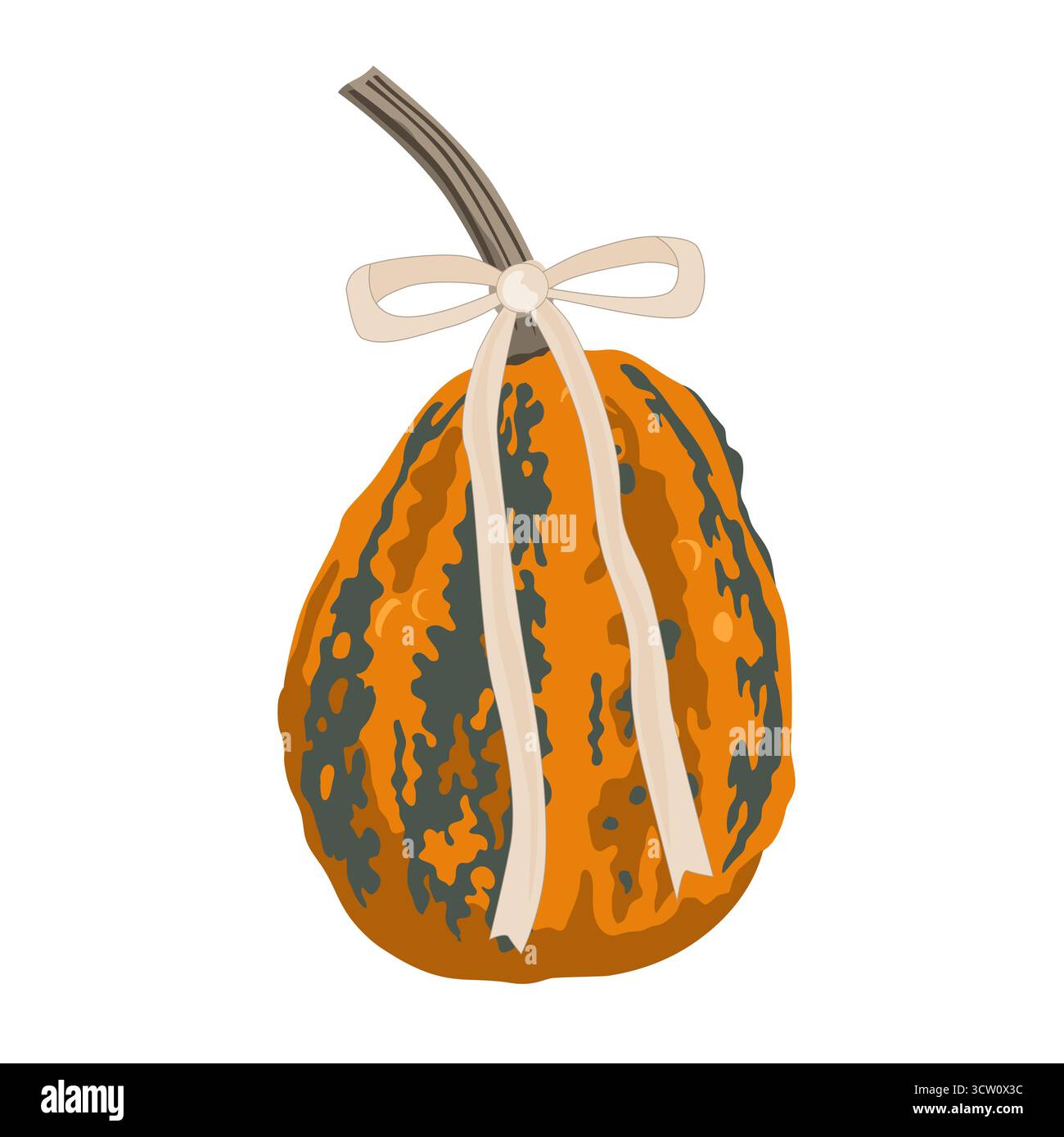 Affascinante zucca autunnale con fiocco beige legato. Il concetto di un Ringraziamento autunnale o Halloween. Illustrazione di isolamento vettoriale Illustrazione Vettoriale