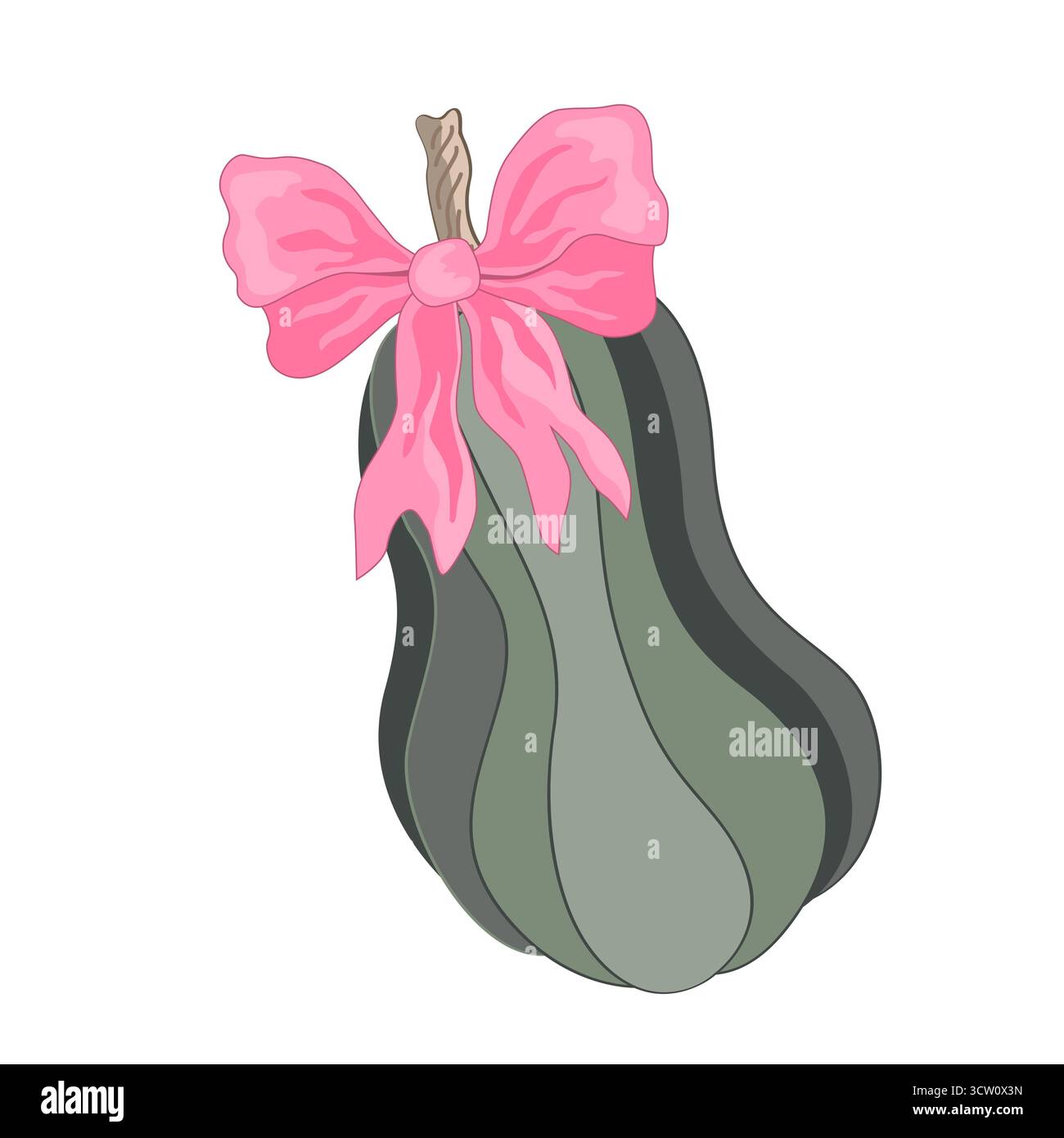 Affascinante zucca autunnale con fiocco rosa legato. Il concetto di un Ringraziamento autunnale o Halloween. Illustrazione isolata vettoriale. Illustrazione Vettoriale