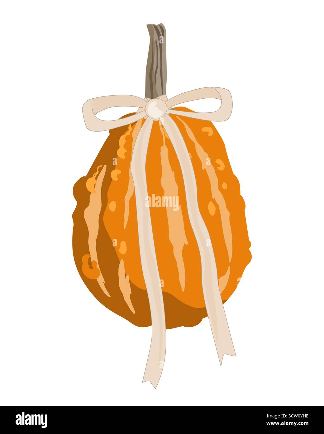 Affascinante zucca autunnale con fiocco rosa legato e una simpatica zucca. Il concetto di un Ringraziamento autunnale o Halloween. Illustrazione isolata vettoriale. Illustrazione Vettoriale