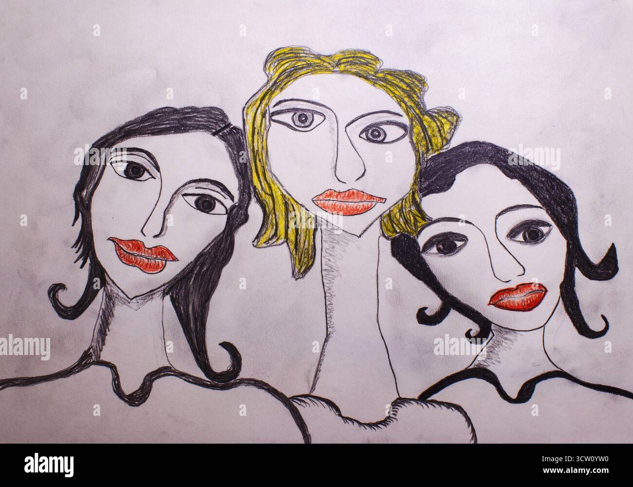 Ritratto astratto disegnato a mano che mostra tre donne con occhi espressivi labbra rosse audaci e linee stilizzate nel design artistico. Foto Stock