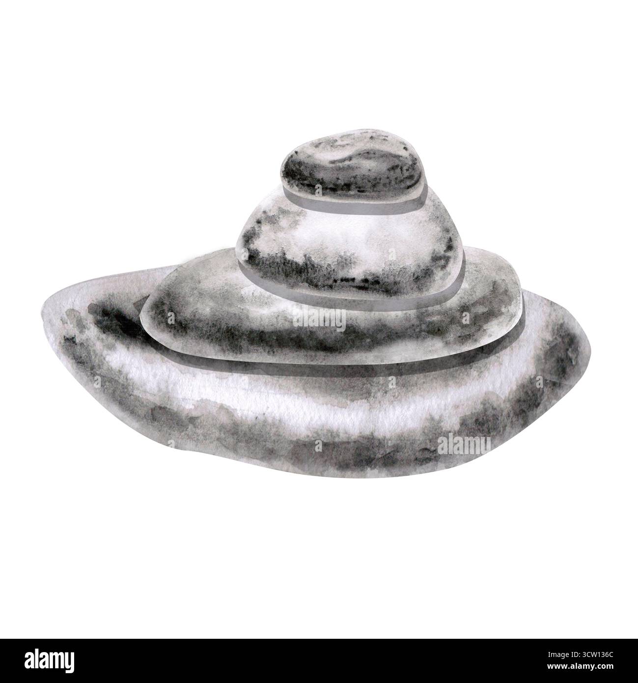 Pietre di mare rotonde di diverse dimensioni, disposte l'una sull'altra. Illustrazione isolata ad acquerello di ciottoli per la stampa su imballaggi, elemen aggiuntivi Foto Stock