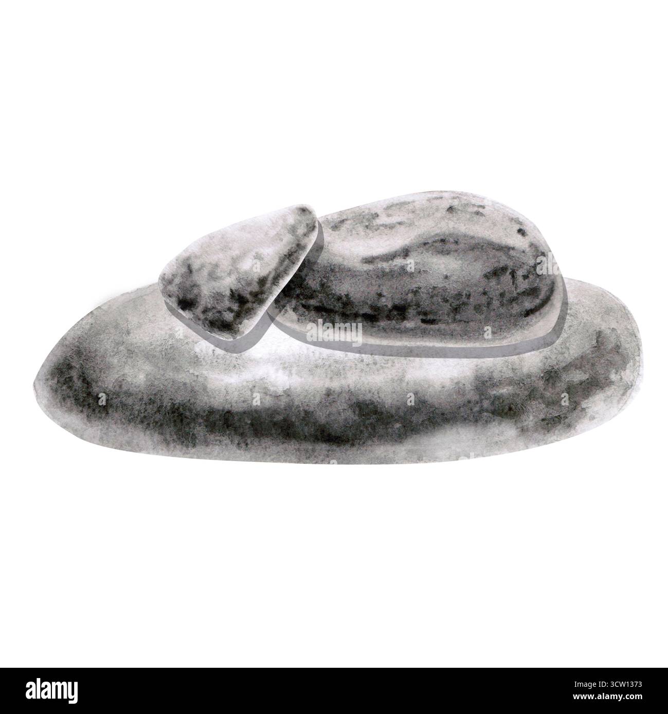 Composizione di tre pietre marine di diverse dimensioni. Illustrazione isolata ad acquerello di ciottoli per la stampa su imballaggi, elementi aggiuntivi per Foto Stock