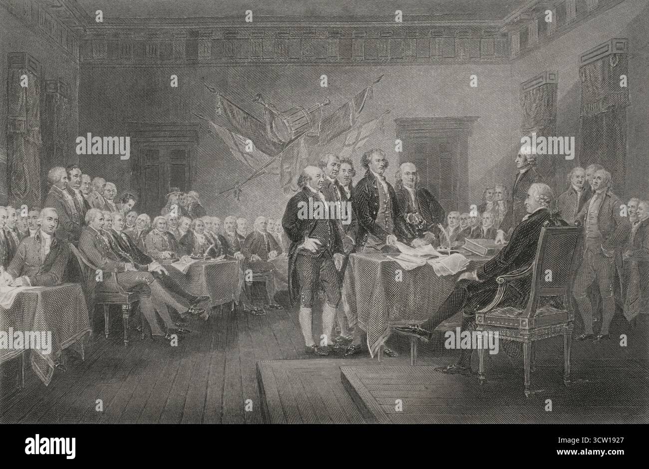 Dichiarazione di indipendenza degli Stati Uniti. Documento redatto dal secondo Congresso continentale (1775-1781) alla Pennsylvania State House di Filadelfia il 4 luglio 1776. Proclamò le tredici colonie, allora in guerra con la Gran Bretagna, come tredici nuovi stati sovrani e indipendenti, non più soggetti al dominio coloniale britannico. Al suo posto, fondarono gli Stati Uniti come una nuova nazione. Firma della dichiarazione di indipendenza. Raffigurato in primo piano: John Hancock, Massachusetts (seduto). In piedi davanti a lui, da sinistra a destra: John Adams (Massachusetts), Roger Sherman (Connecticu Foto Stock