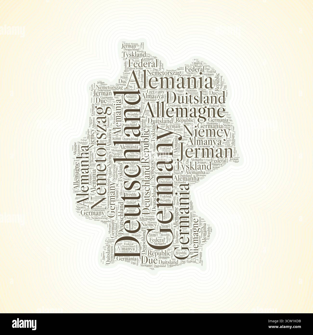 Forma della Germania formata dal nome del paese in più lingue. Confine con la Germania su elegante sfondo sfumato a righe. Poster vibrante. Illustrazione Vettoriale