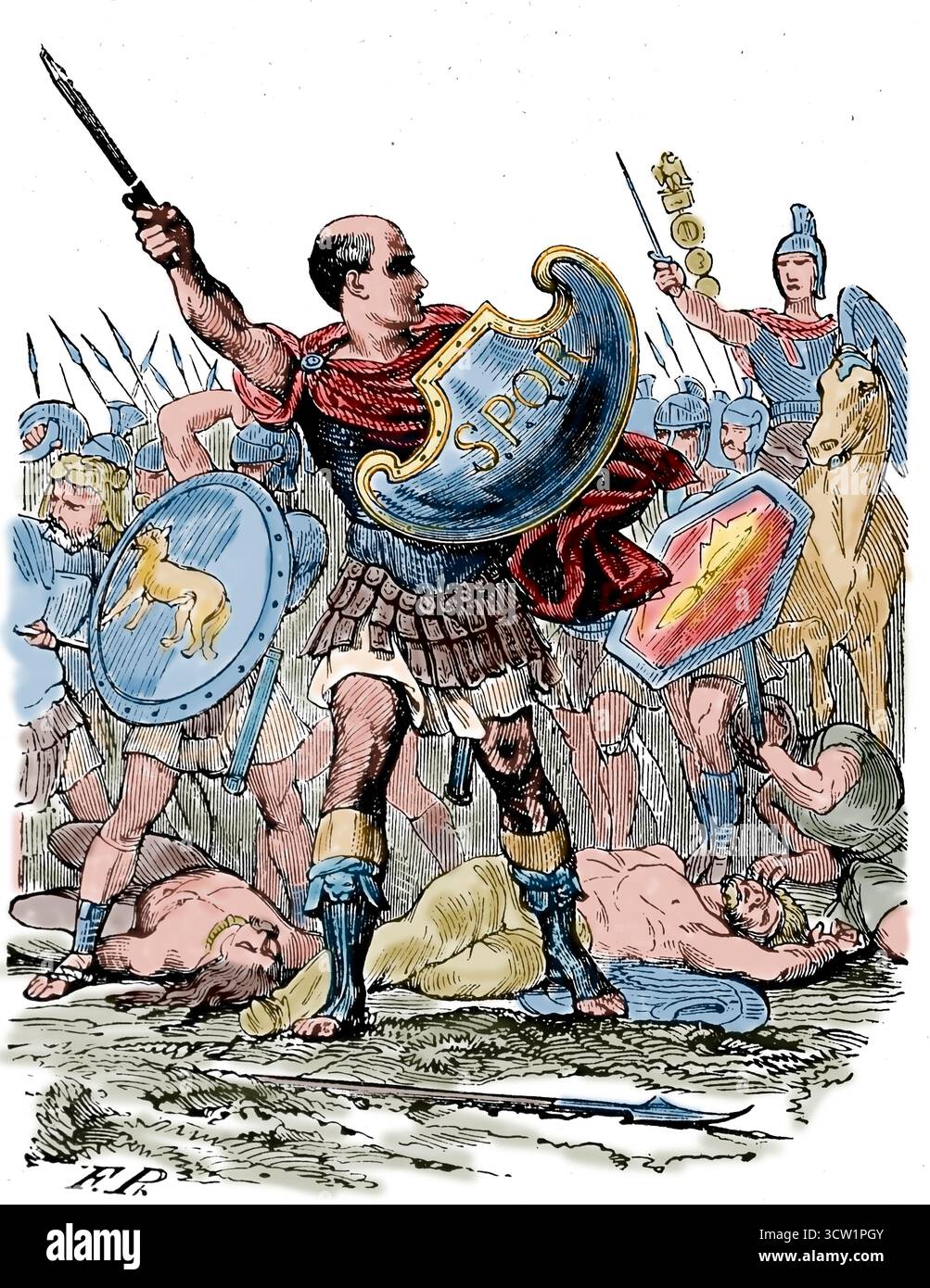 Guerra contro i Nervii. Una tribù belgica che combatté in una coalizione contro Roma durante le Guerre galliche (58–50 a.C.). La vittoria è andata a Giulio Cesare. Giulio Cesare durante la battaglia. Incisione, 1851. Foto Stock