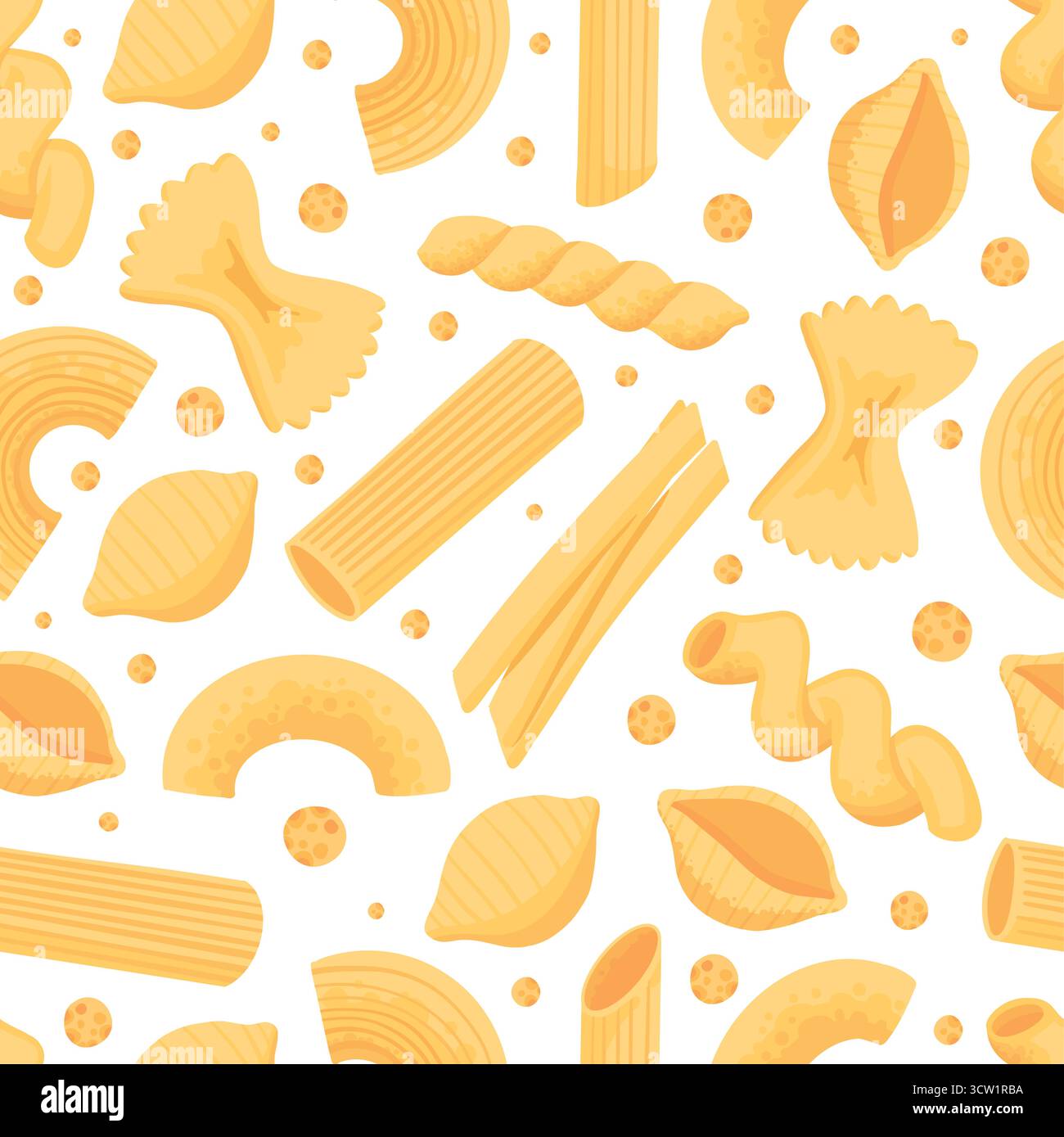 Tipi di pasta senza cuciture. Diverse forme di pasta italiana. Spaghetti, farfalle, penne, rigatoni, ravioli, fusilli,conchiglie, gomiti rotelle orz Illustrazione Vettoriale