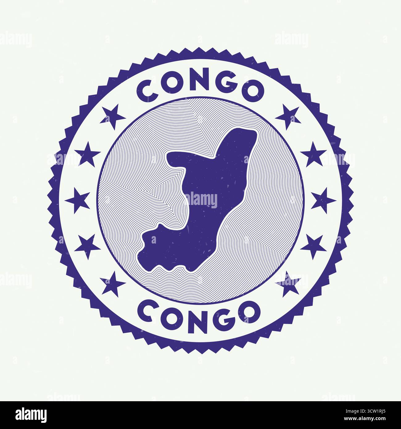 Emblema del Congo. Francobollo rotondo paese con forma di Congo, isoline e testo rotondo. Distintivo fantastico. Illustrazione vettoriale di classe. Illustrazione Vettoriale