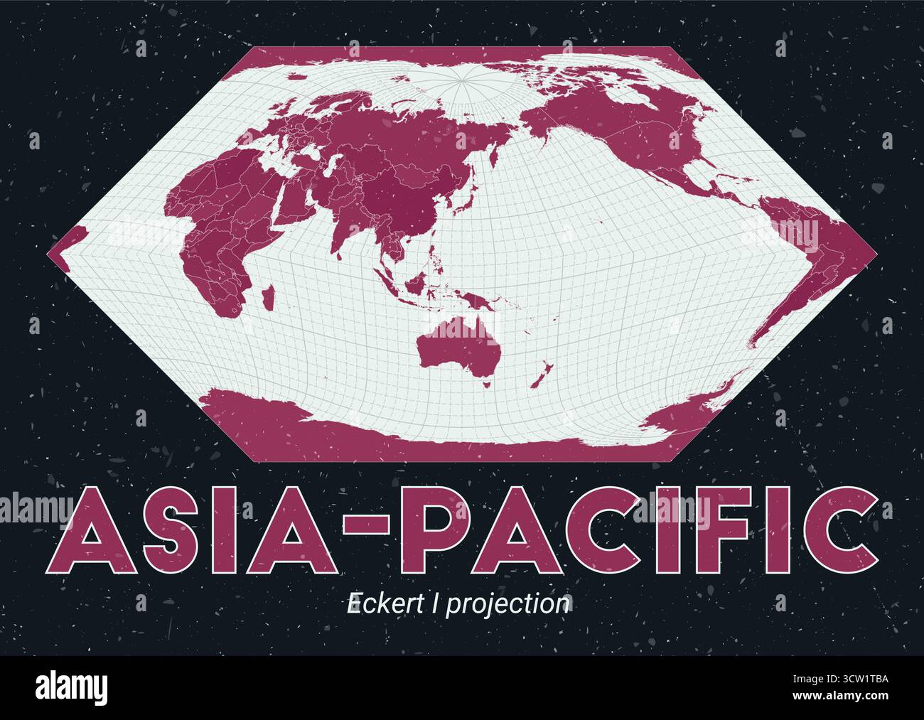 Asia-Pacifico. Mappa del mondo. Proiezione di Eckert i incentrata sull'Asia-Pacifico. Pallido Mint Dark Pink (Rosa scuro). Texture vintage. Illustrazione vettoriale classica. Illustrazione Vettoriale