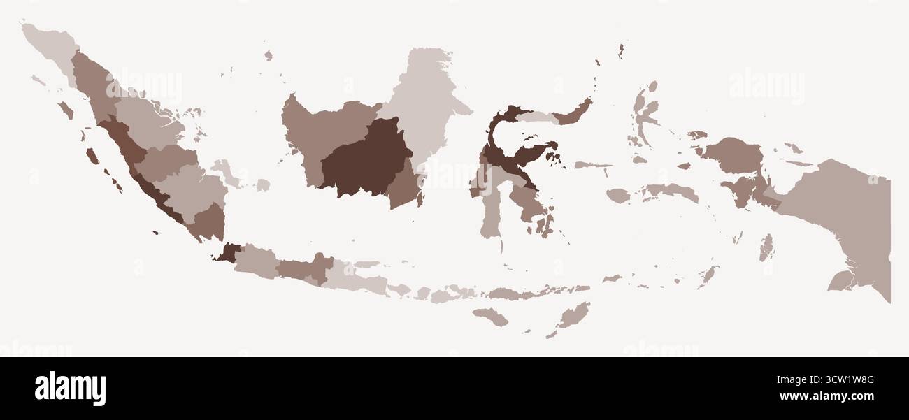 Mappa dell'Indonesia con le regioni. Solo una semplice mappa di confine con la divisione della regione. Tavolozza dei colori marrone. Illustrazione Vettoriale